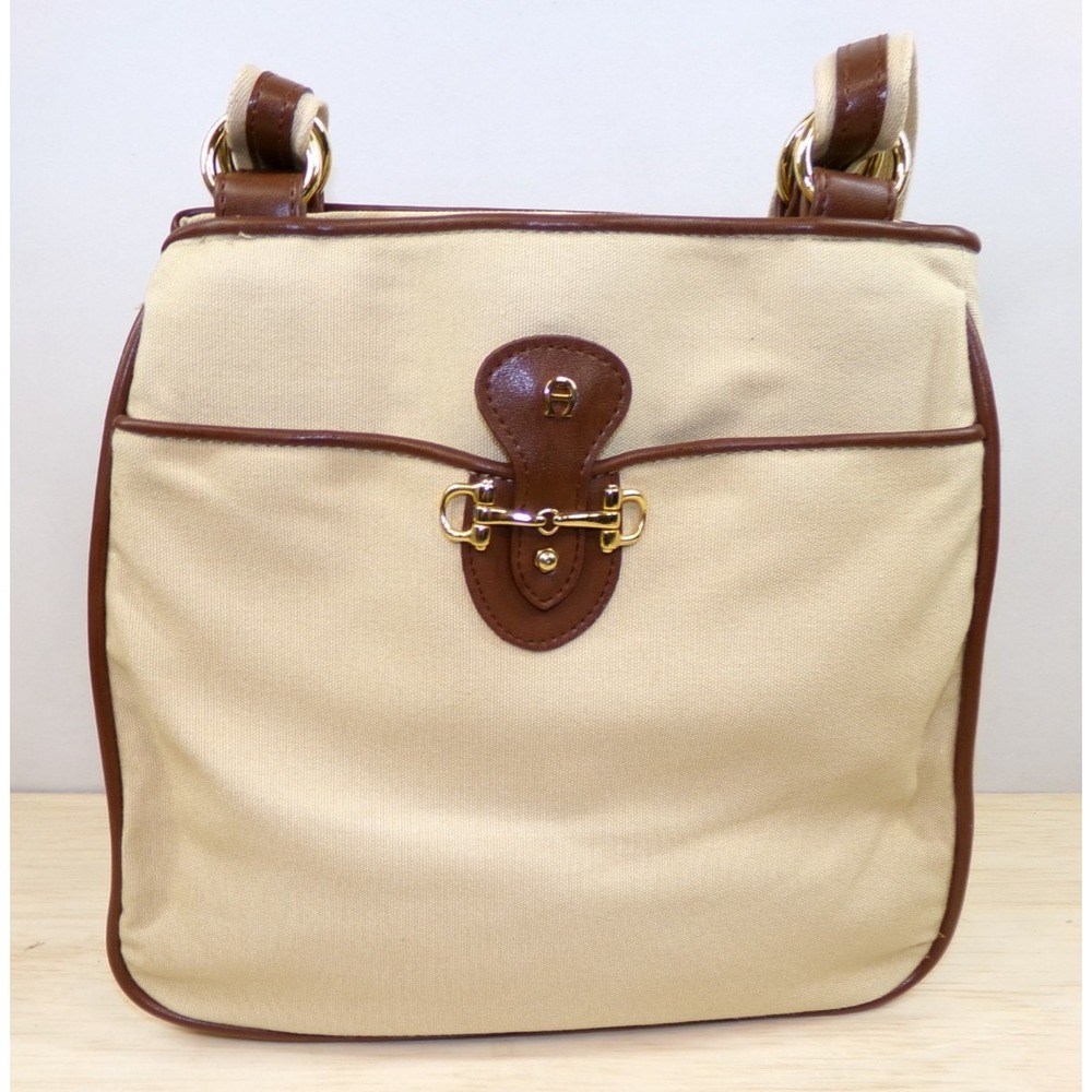 Etienne Aigner Canvas & Leather Handbag Purse Tan Brown Shoulder Bag